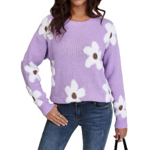 Women's Floral Pattern Round Neck Long Sleeve Casual-Purple L