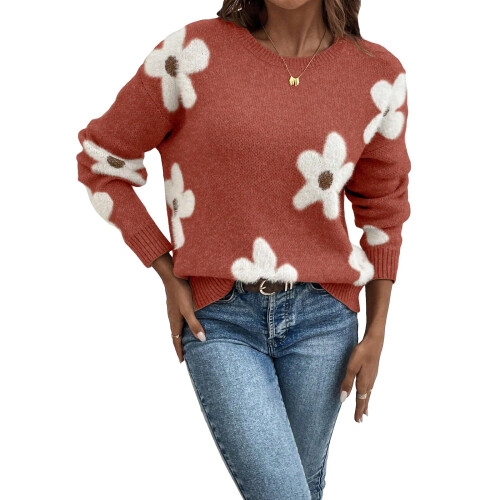 Women's Floral Pattern Round Neck Long Sleeve-brick red S