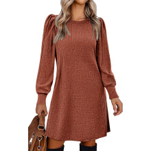 Women's Knit Dress with Puff Sleeves for Fall &-Orange XXL