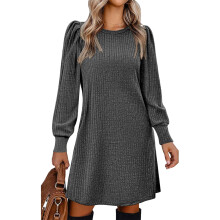 Women's Knit Dress with Puff Sleeves for Fall & Winter-Gray XL
