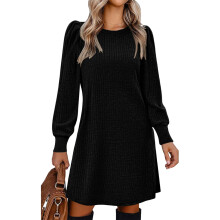 Women's Knit Dress with Puff Sleeves for Fall & Winter-Black M