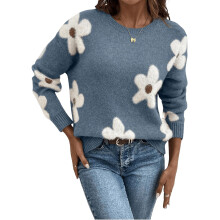 Women's Floral Pattern Round Neck Long Sleeve Casual-Blue M