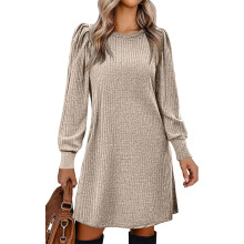 Women's Knit Dress with Puff Sleeves for Fall & Winter-Beige S