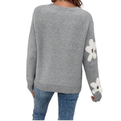 Women's Floral Pattern Round Neck Long Sleeve-brick red S 1