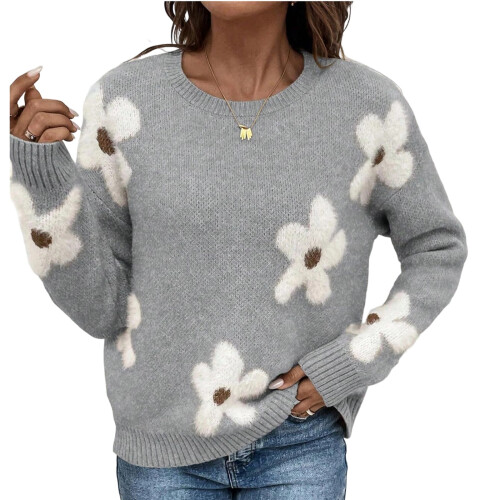 Women's Floral Pattern Round Neck Long Sleeve-brick red L 2