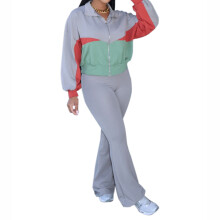 Womens Color Block Two Piece Tracksuit Sets Long Sleeve-Gray L