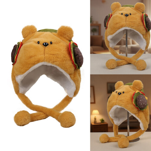Warm Plush Winter Cap with Lovely Hamburger Bear-Yellow os 1