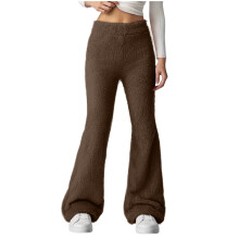 Women's plush pajama pants with elastic waist and wide-brown XL