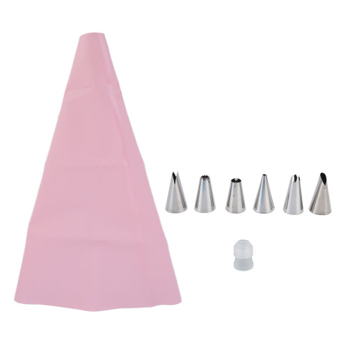 6pcs Pink Stainless Steel Pastry Bag & Nozzle Set, 30cm 1