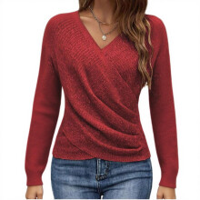 Women's V Neck Long Sleeve Off Shoulder Sweaters Criss-Red M