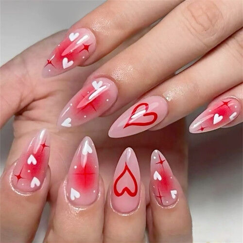 Medium Length Glossy Press On Nail 24PCS 3D Blush Hearts