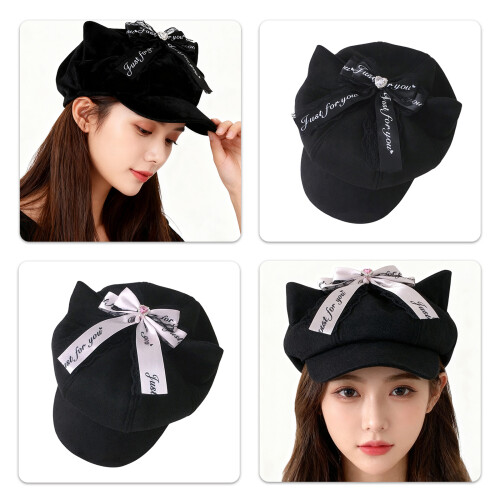 Popular Octagonal Hat Punk Beret Bowknot Cats Ear Hat-Pink 2