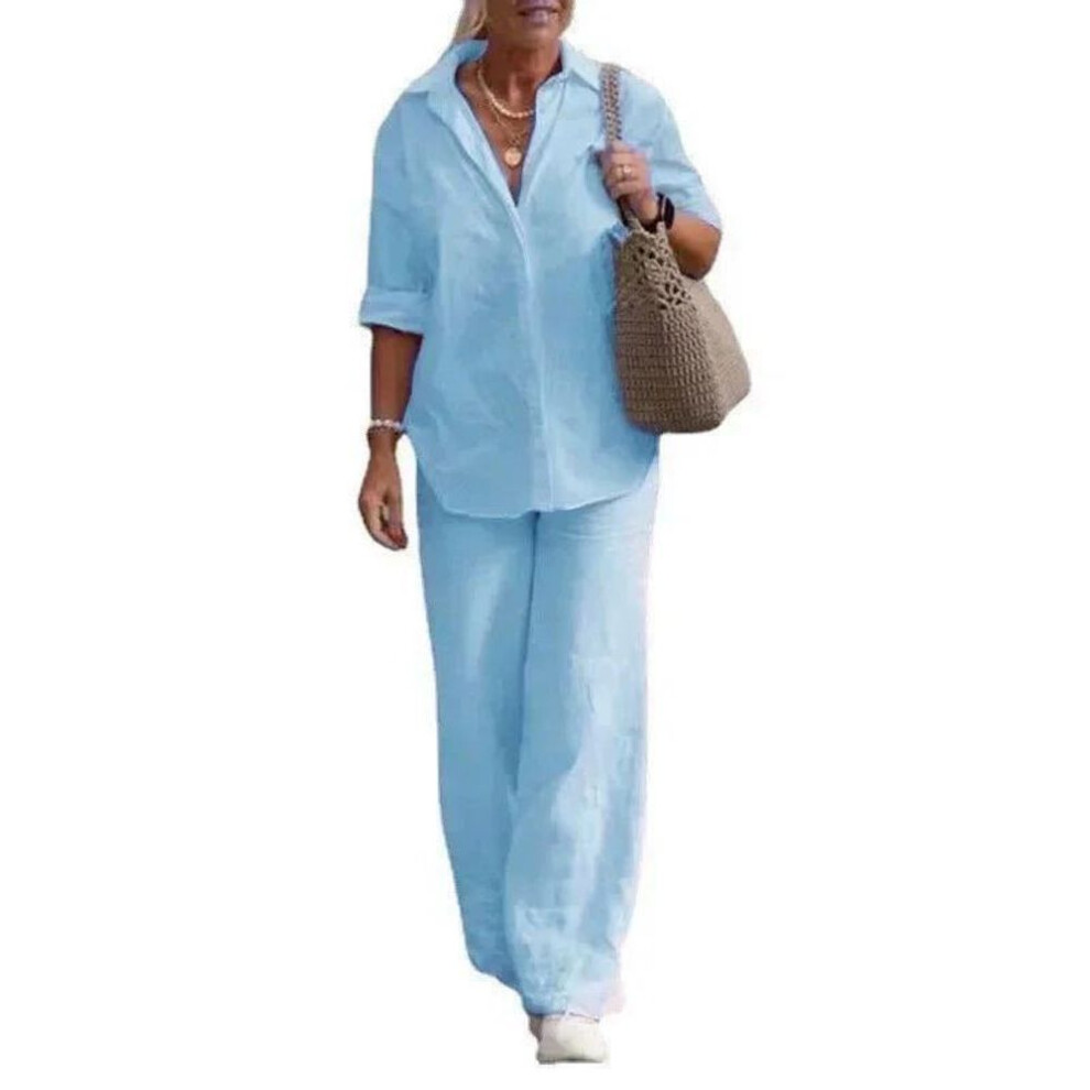 (light blue, M) Women's Two-piece Set, Women's Lapel Long Sleeved Shirt, Spring Autumn Casual Solid Color Pants, Wide Leg Set-image-OPC-PMR2QFH-NEW