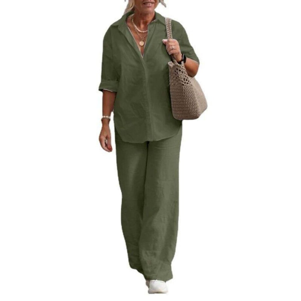 (dark green, XXXXL) Women's Two-piece Set, Women's Lapel Long Sleeved Shirt, Spring Autumn Casual Solid Color Pants, Wide Leg Set-image-OPC-PMR2QG6-NEW