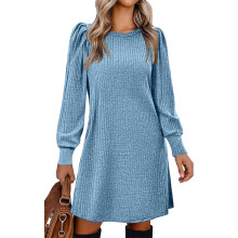 Women's Knit Dress with Puff Sleeves for Fall & Winter-Blue XXL