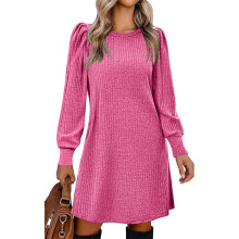 Women's Knit Dress with Puff Sleeves for Fall & Winter --Pink M