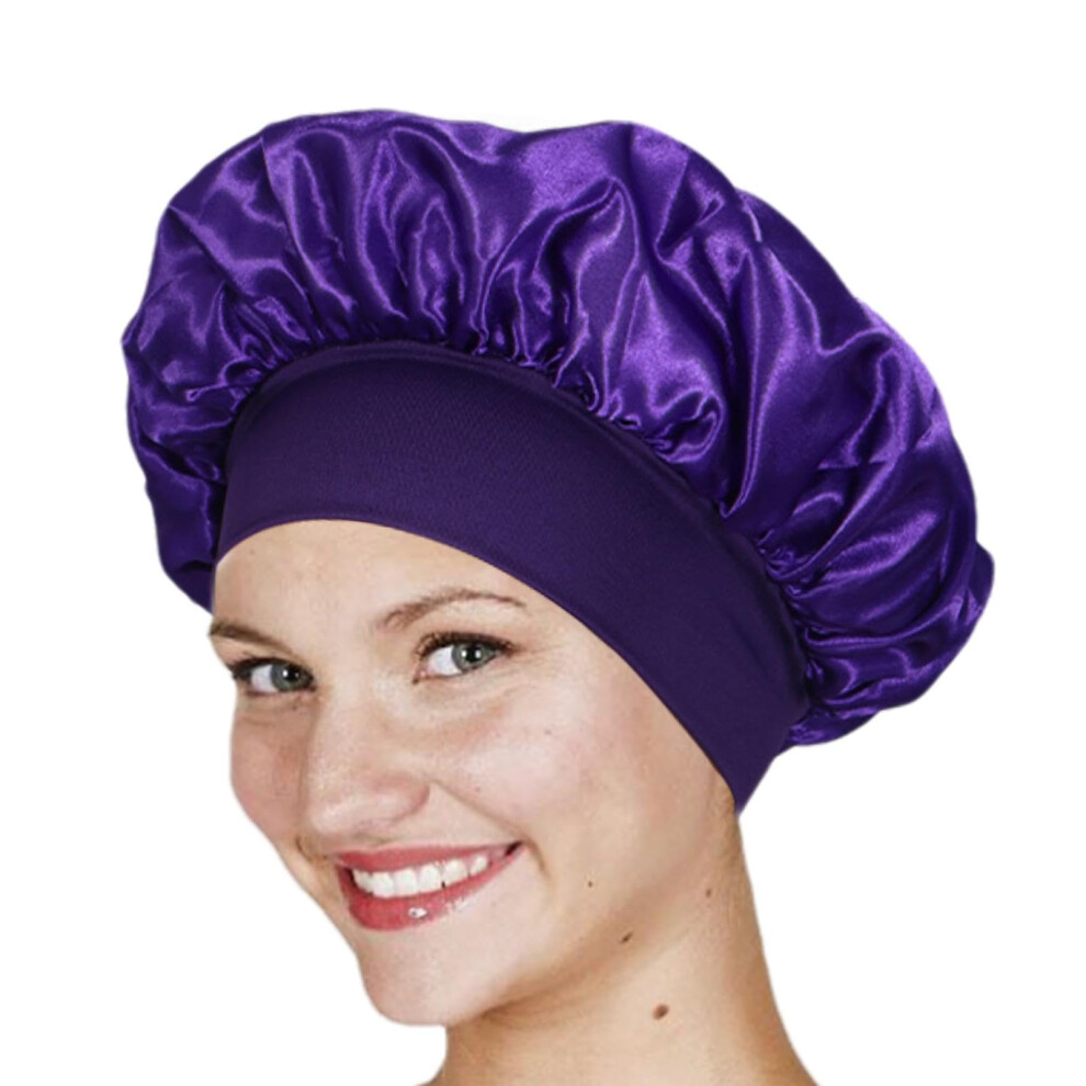 Purple Shower Cap Satin Bonnet For Curly Hair, Silk Sleep Cap Night Hair Bonnet, Breathable Satin Hair Cap,