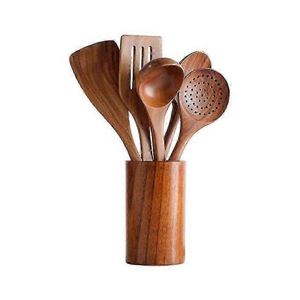 Kikidex (As Show, One Size) Wooden Spoons For Cooking Teak Wooden Utensils Set Wood Spatula For Nonstick Cookware Kitchen Utensils Set-Hy