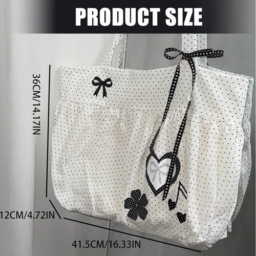 Spacious Canvas Shoulder Bag Elegant Dot Design Bows 2
