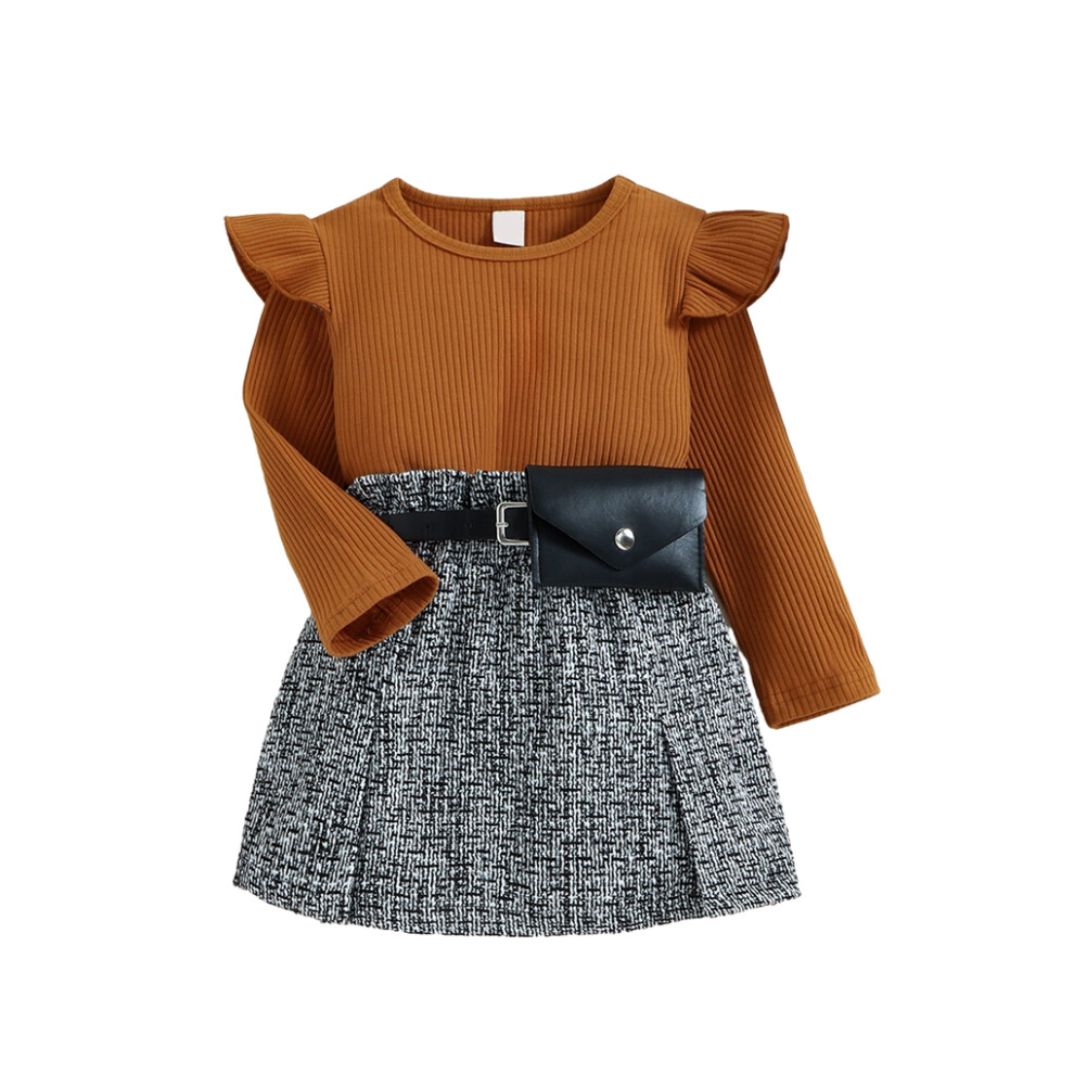 (Browngray, 110cm) Kids Girls Clothes Set with Belt Bag Fashion Baby Tops Skirts Outfits-image-OPC-PMR5WWF-NEW