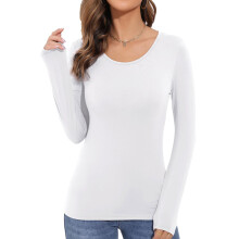 Women's Long-Sleeved Round Neck Rayon Slim Fit Stretch-White XS