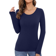 Women's Long-Sleeved Round Neck Rayon Slim Fit-Navy Blue L