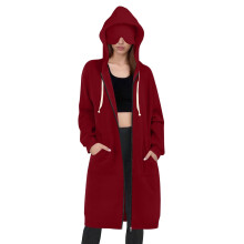 Women's Long Hoodie with Zipper, Loose Fit, Stylish,-Burgundy L