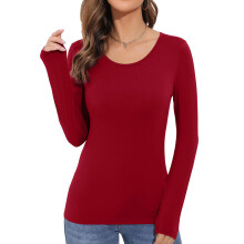 Women's Long-Sleeved Round Neck Rayon Slim Fit-Burgundy XS