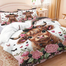(Cow-C, EU-Double) Highland Cow Print Duvet Cover Set, 1 Set Including 1 Duvet Cover & 2 Pillowcases, Bedding Supplies for Home Bedroom