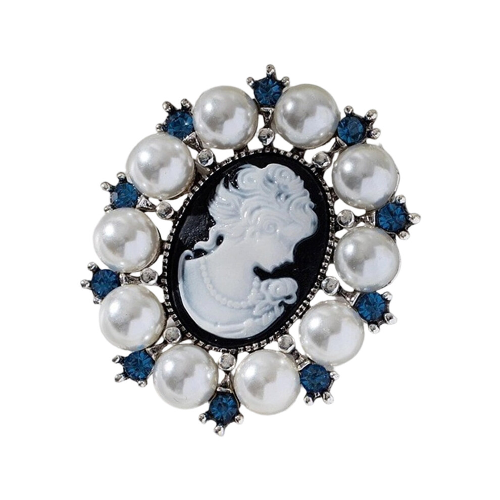 Silver/White Ornate Pearls Lady Cameo Pin Brooch-Ancient M