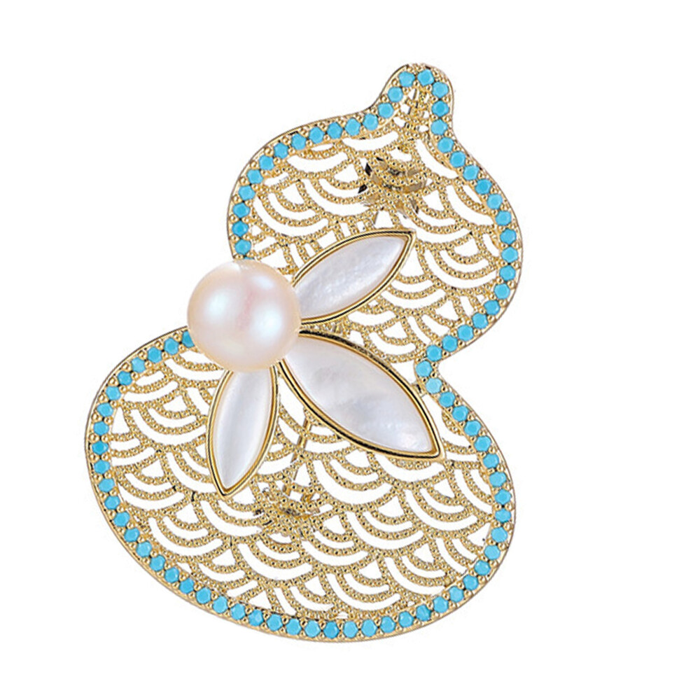 Blue Pearls Embellished Calabash Pin Intricate Openwork Design