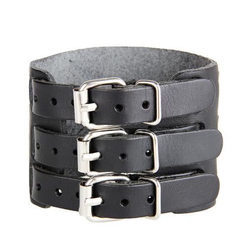 Adjustable Men's Punk Leather Cuff Bracelet Soft-Black