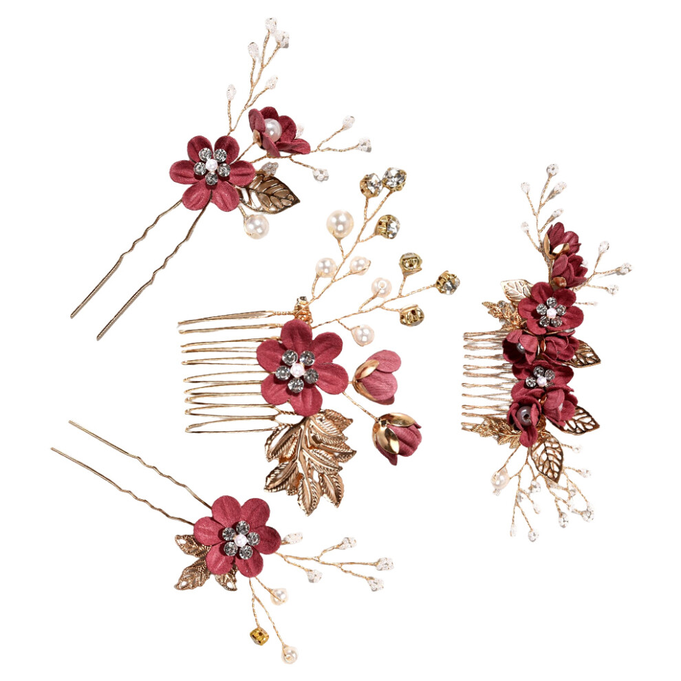 (Dark red) 4 Pieces Wedding Flower Hair Combs Decorations Stylish Bridal-image-OPC-PMR6TGV-NEW