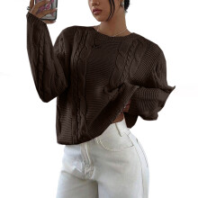 Damen-Pullover mit Rundhalsausschnitt, Zopfmuster,-braun L