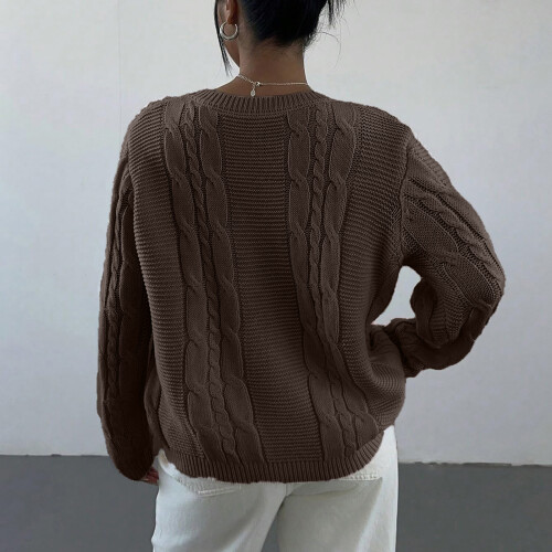 Damen-Pullover mit Rundhalsausschnitt, Zopfmuster,-braun L 2