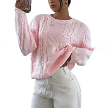 Damen-Pullover mit Rundhalsausschnitt, Zopfmuster,-Rosa L