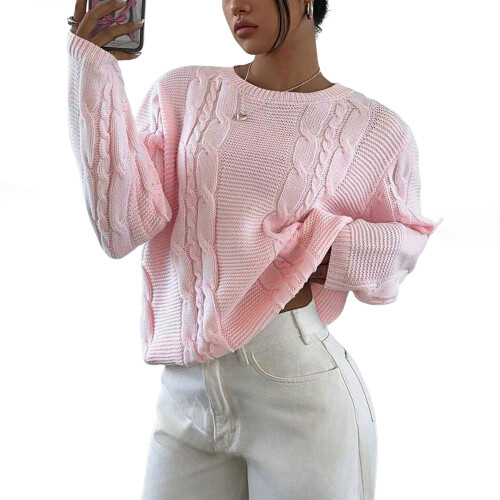 Damen-Pullover mit Rundhalsausschnitt, Zopfmuster,-Rosa L