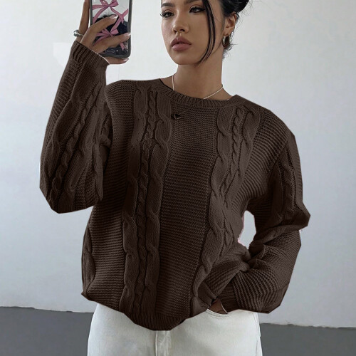 Damen-Pullover mit Rundhalsausschnitt, Zopfmuster,-Rosa L 1