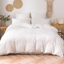 (White, US Queen) Solid Color Geometric Pattern Duvet Cover & Pillowcase without Filler, 3 Counts Duvet Cover Set, Soft Comfy Bedding Set for Home