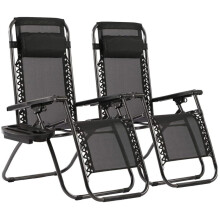 (2x Gravity Chair (pair)) Set of 2 Zero Gravity Chairs Sun Loungers – Foldable Garden Recliner Chairs w/ Cup Holders & Pillow