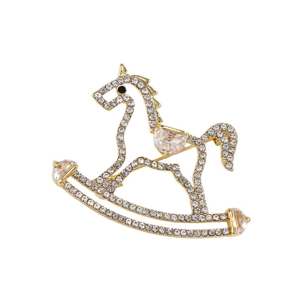 Gold Trendy Horse Brooch Rhinestones Embellished Zinc Alloy