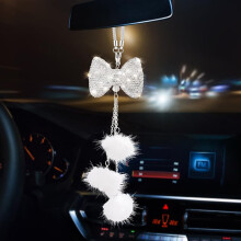 Rear View Mirror Hanging Accessories Bling Rhinestone Bow Charms with Pink Pom-Poms for Car Interior Decoration Auto Rearview Mirror Ornaments