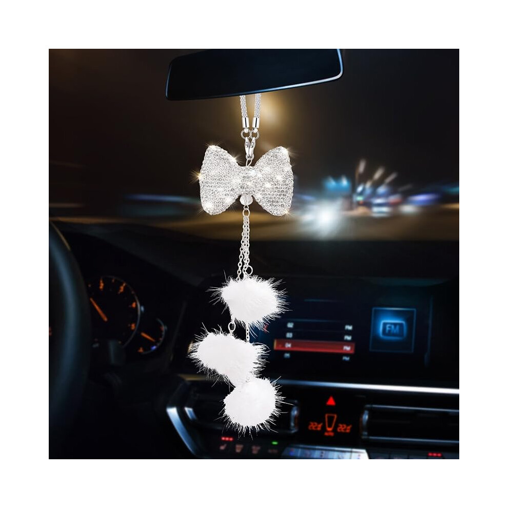 Rear View Mirror Hanging Accessories Bling Rhinestone Bow Charms With Pom-Poms For Car Interior Decoration Auto Rearview Mirror Ornaments Pink 9354506690465