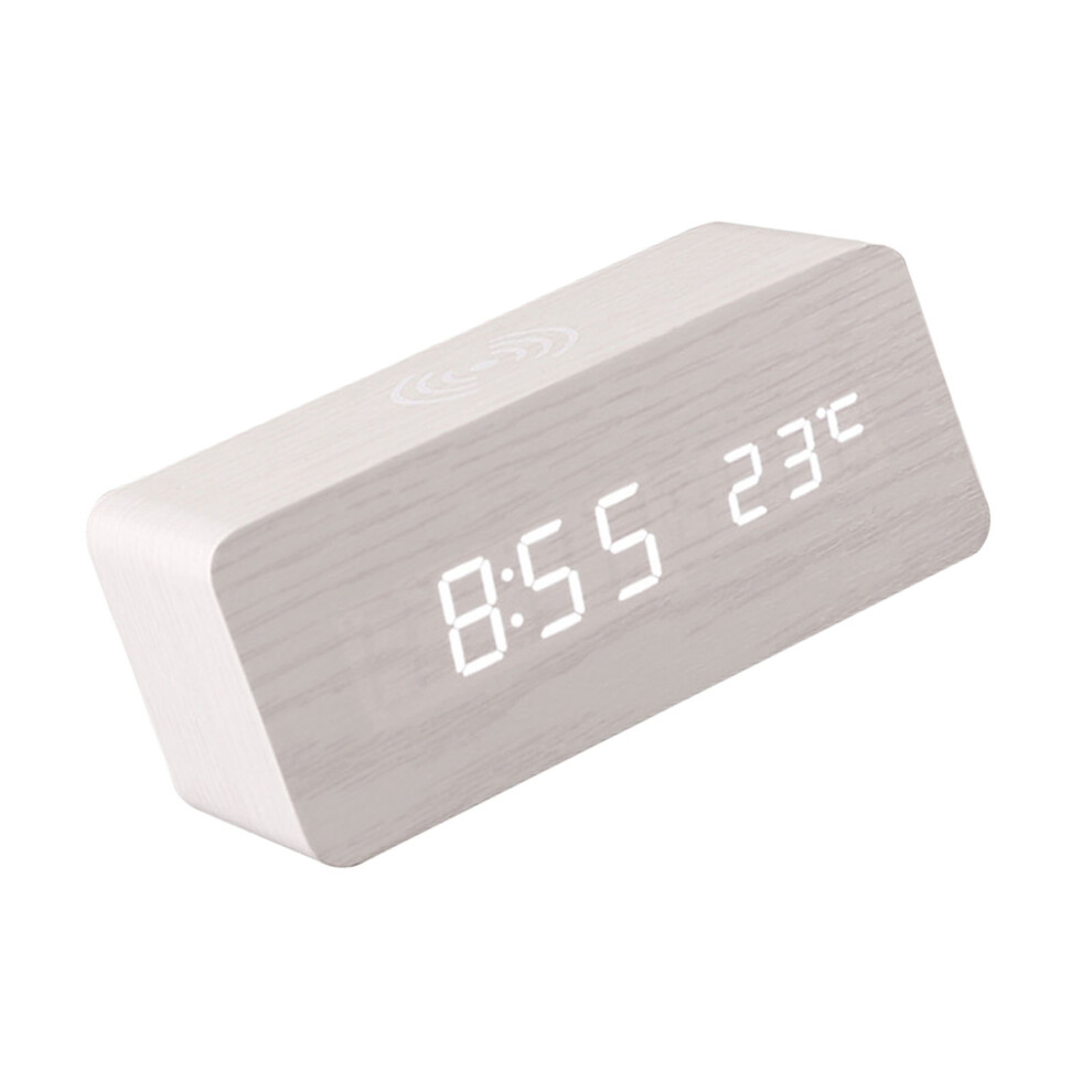 Digital Wooden Alarm Clock With 10W Wireless Charging, 3 Alarms, Temp & Date Display White