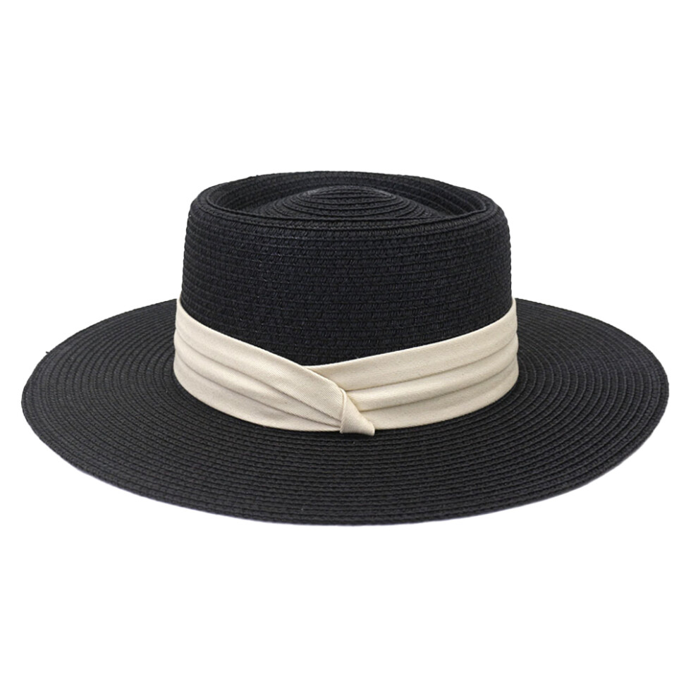 (Black Beige) Straws Hat Wide Brim Casual Camping Travel Fashion Top Flat Cap-image-OPC-PMR7XVQ-NEW