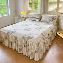 (Cream, CKing) Floral Print Ruffled Edge Bed Skirt Set, 3 Counts/set Including 1 Bed Skirt & 2 Pillowcases without Filler, Comfy Bedding Set for Home