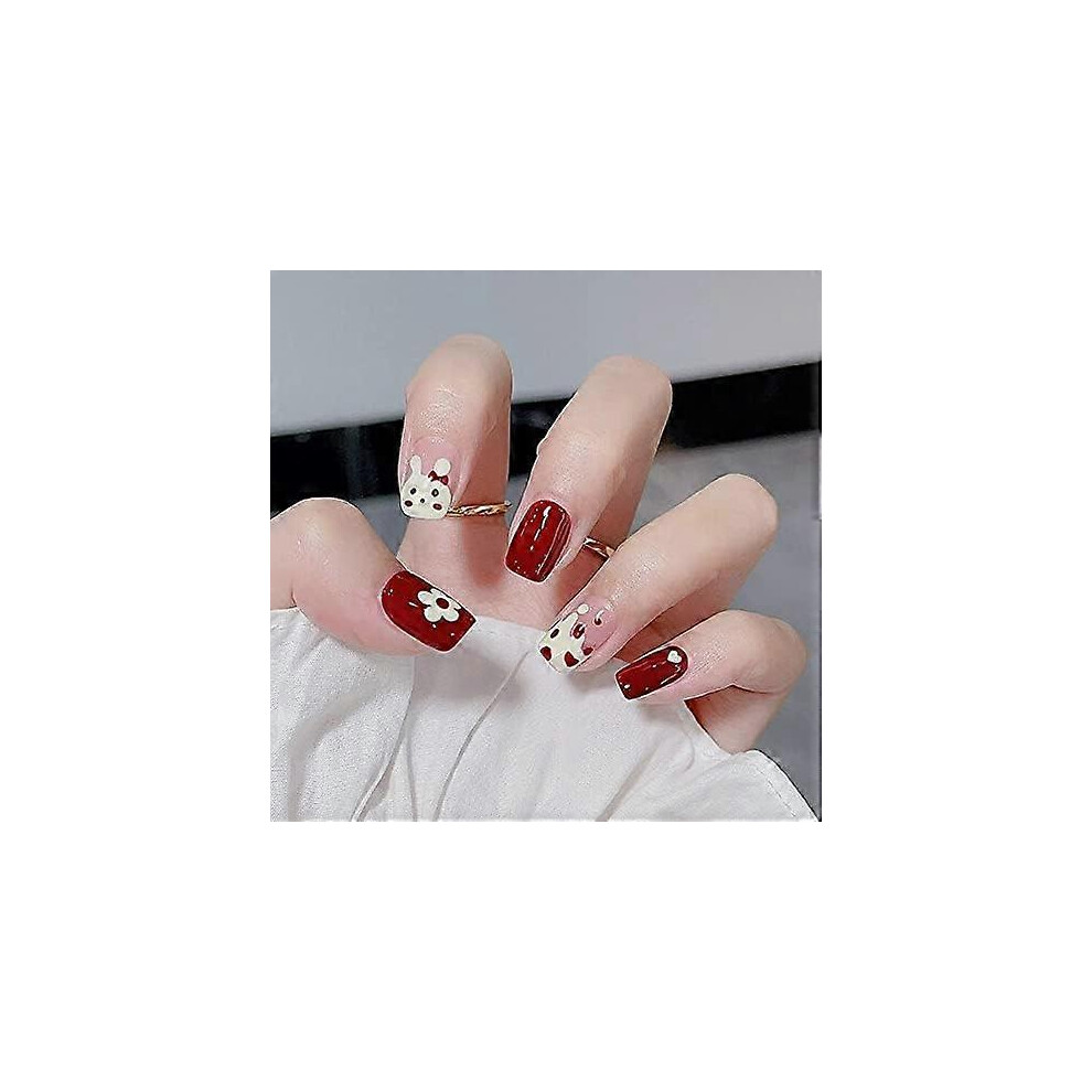 (As show, One size) Wedity 24Pcs Christmas Tree Love Short Fake Nails Pearl Flowers Dog Rabbit Acrylic False Nails Press on Nails for Women Girls (E)