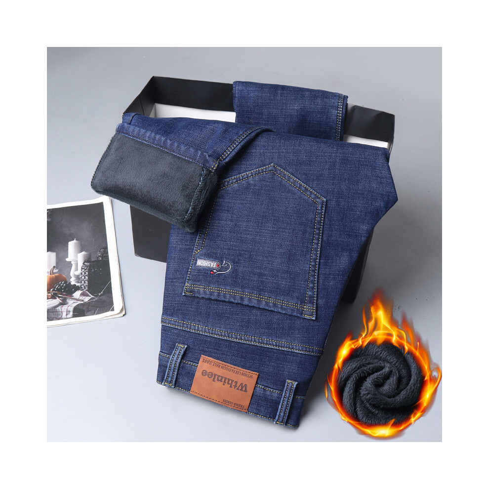 (Blue, 34) Men's Winter Fleece Warm Straight Business Fashion Jeans Stretch Thermal Warm Flannel Work Denim Trousers Male Brand Clothing-image-OPC-PMR875W-NEW