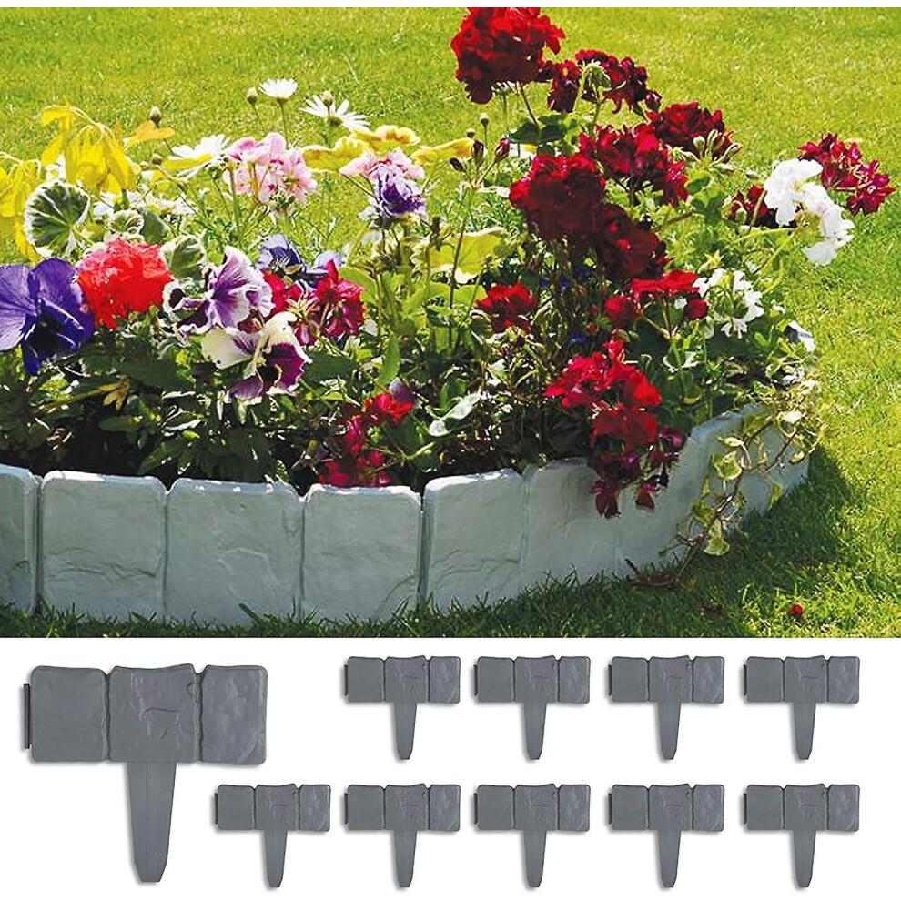 Kikidex (As Show, One Size) Garden Edging 10M Grass Edging Fence Stone Effect Lawn Edge 40 Pcs Decorative Garden Edging Gray