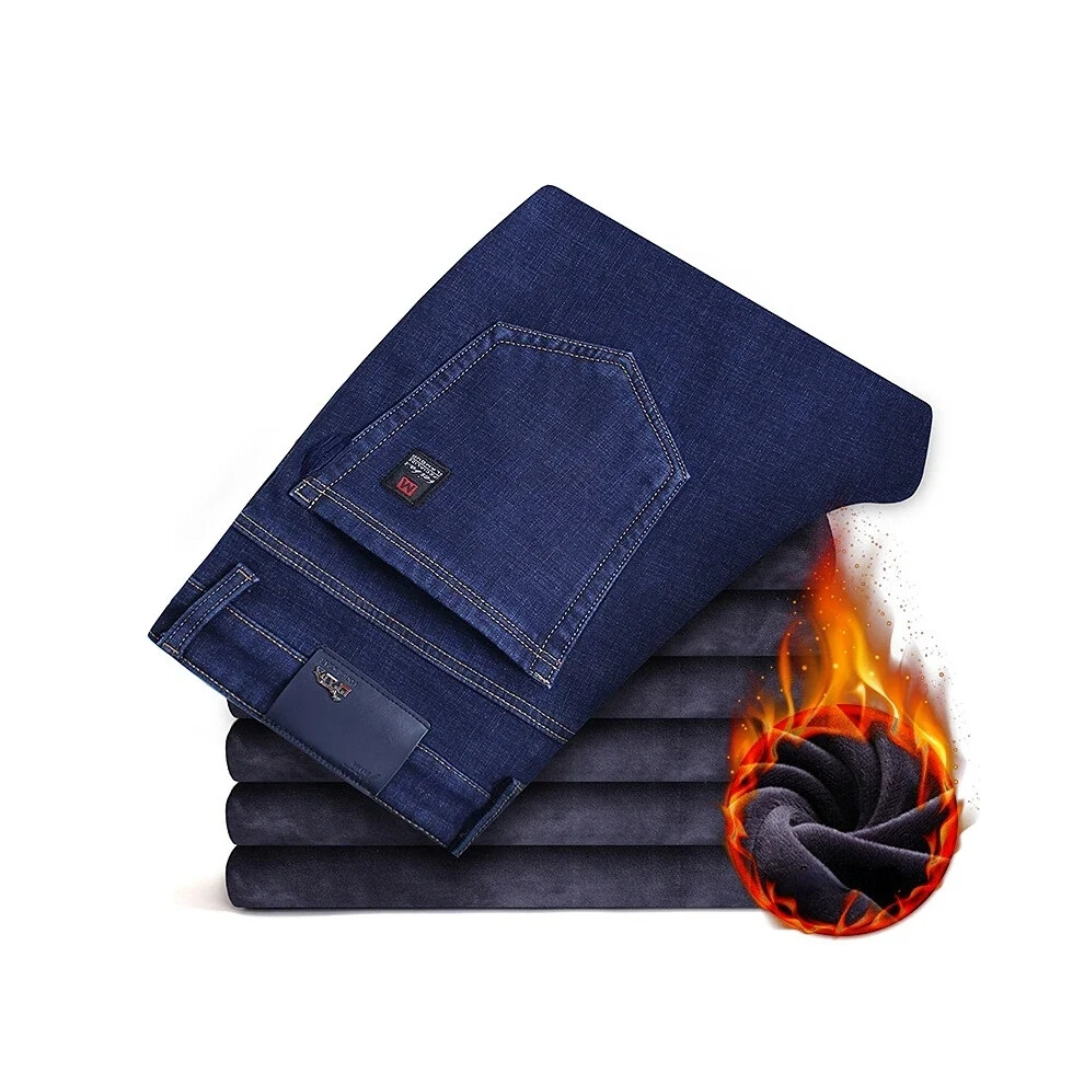 (Blue, 35) 2025 Men's Winter Jeans Warm Straight Fit Fleece-lined Warm Denim Pants Male Classic Blue Business Stretch Thick Cowboy Trousers-image-OPC-PMR87T6-NEW